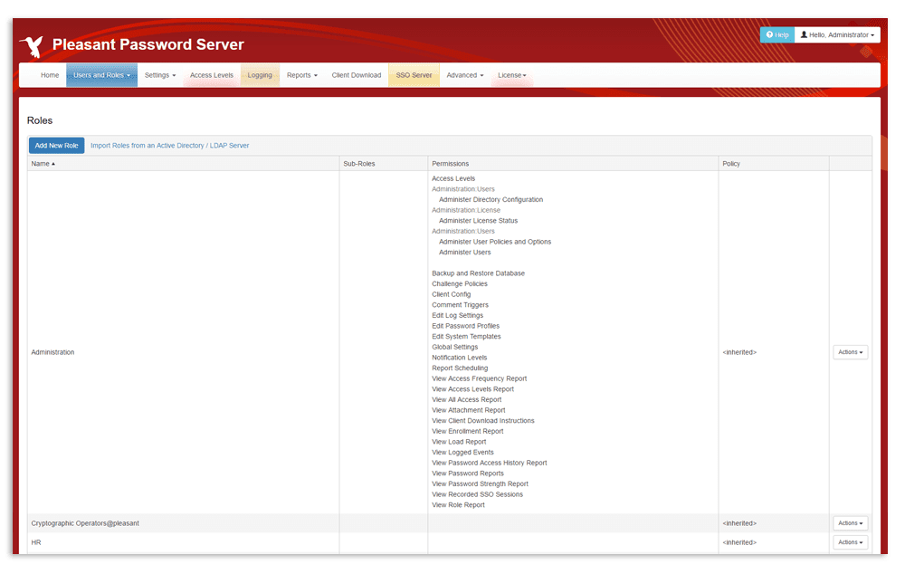 Gestion des rôles - Pleasant Password Server
