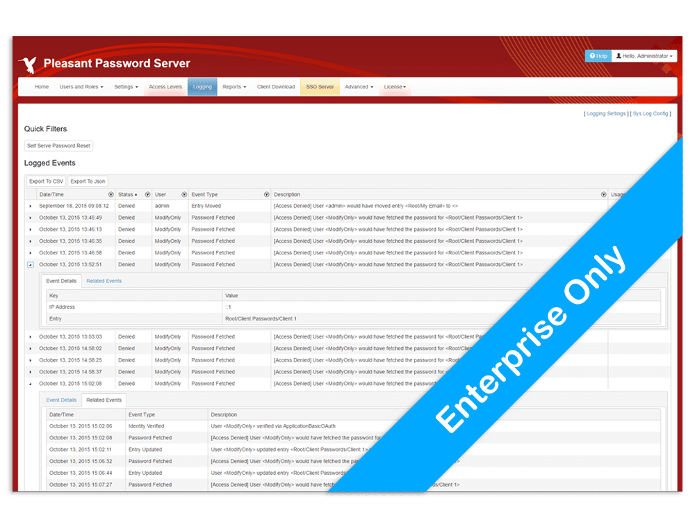 Audit des événements - Pleasant Password Server