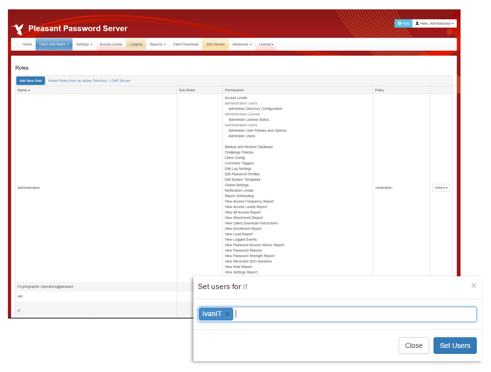 Gestion des rôles - Pleasant Password Server