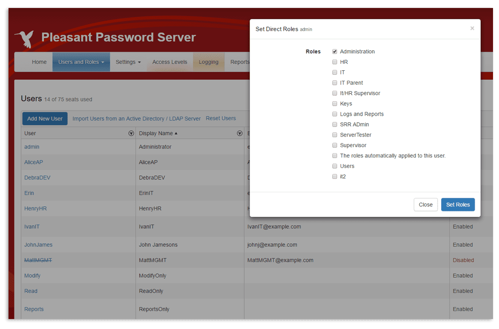 Gestion des sous-rôles - Pleasant Password Server